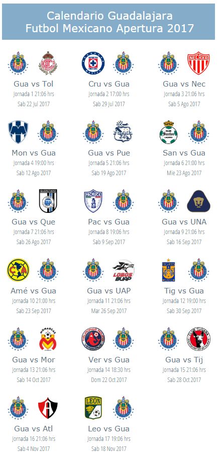 Calendario de las Chivas para el apertura 2017 del futbol mexicano